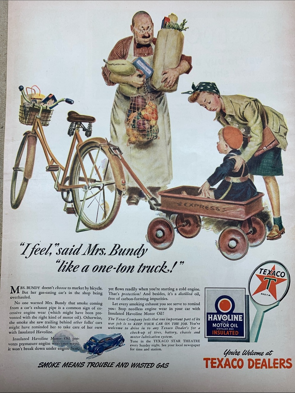 Vintage Texaco Havoline Ad with Bicycle & Wagon from Life Magazine NOV. 8, 1943